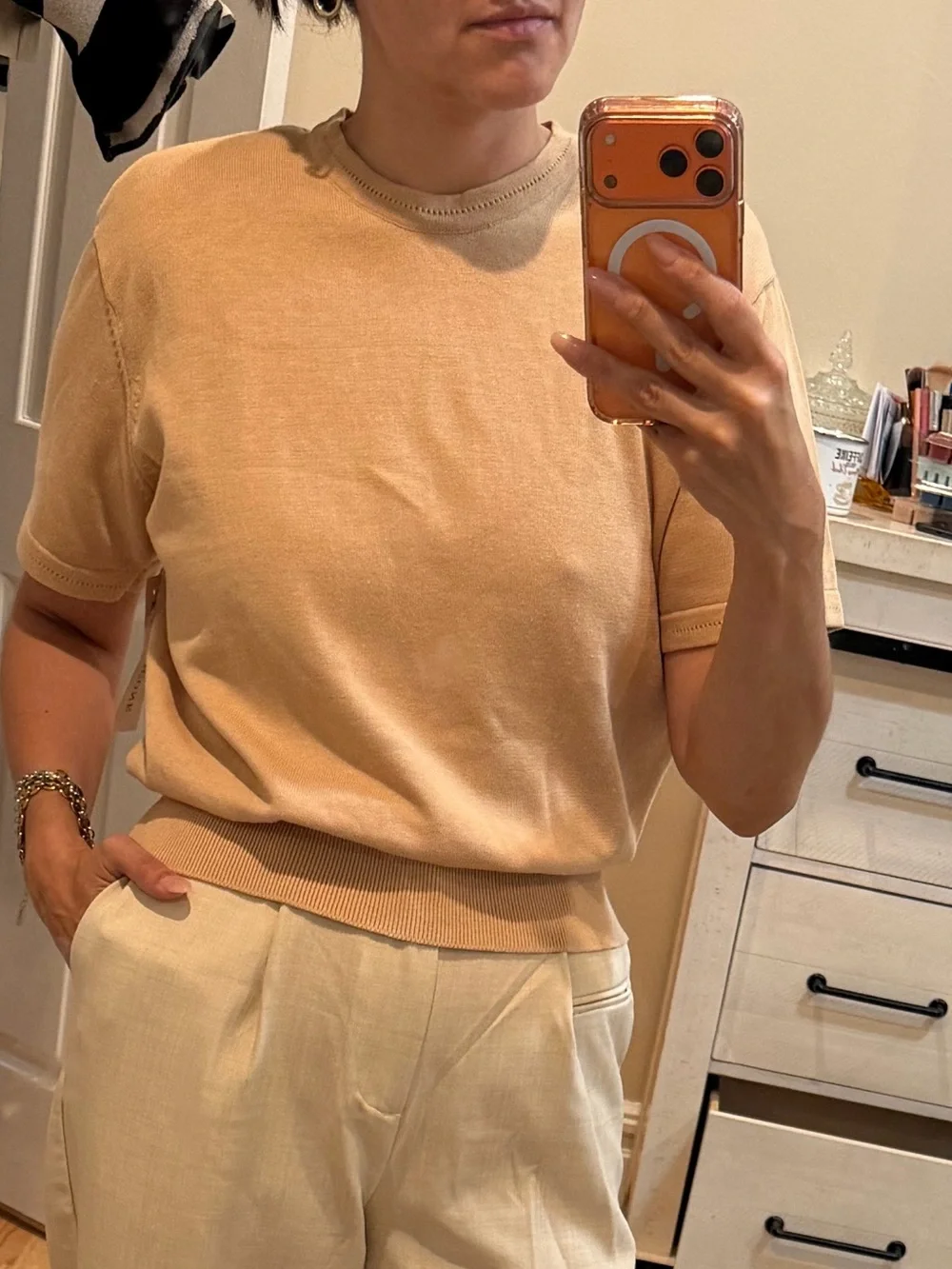 Evan Picone Short-Sleeve Crewneck Sweater - Tan